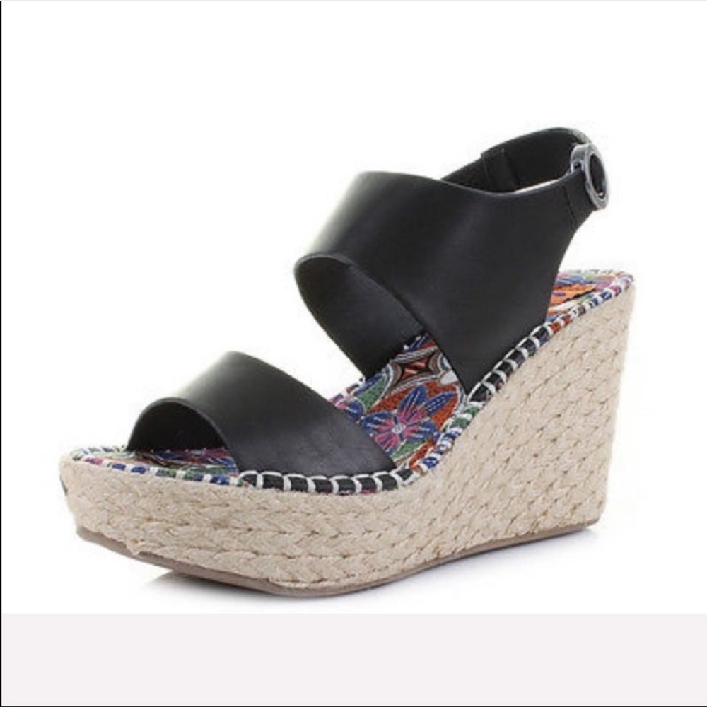 Black Open Toe Espadrille Platform Wedge Sandal - Picture 6 of 7